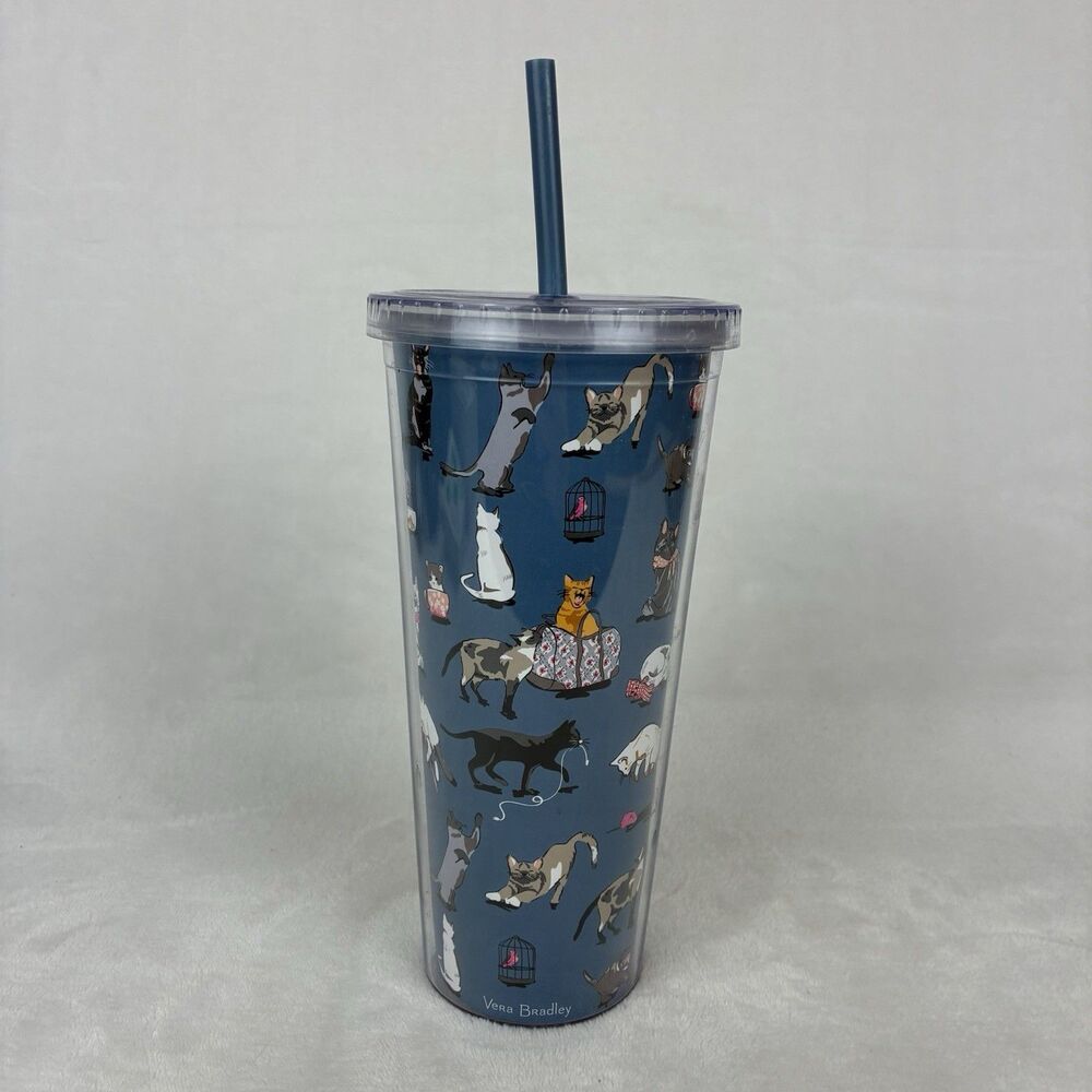 VERA BRADLEY 24 oz Tumbler w/ Straw - Blue Cat’s Meow Print Travel Cup Cat Lover